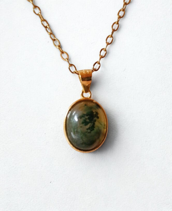 Mos Agaat ovaal edelsteen hanger - s925 verguld goud